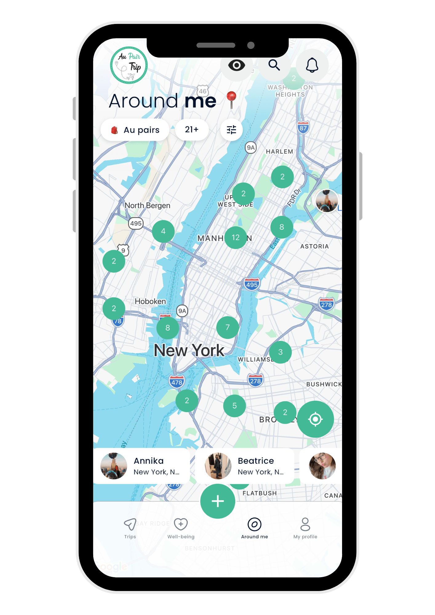 The Aupairtrip app map showing au pairs nearby