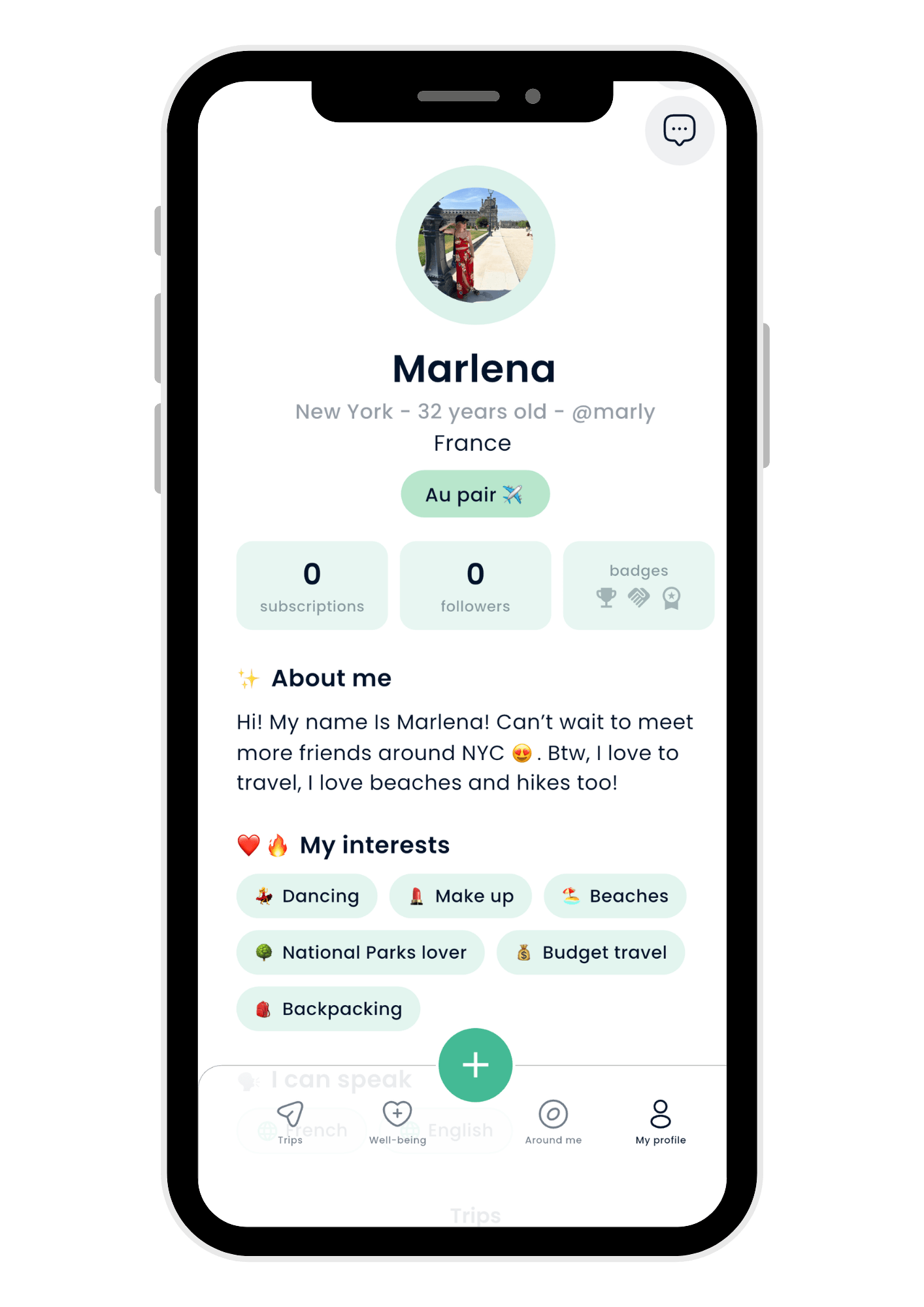 The Aupairtrip app profile screen
