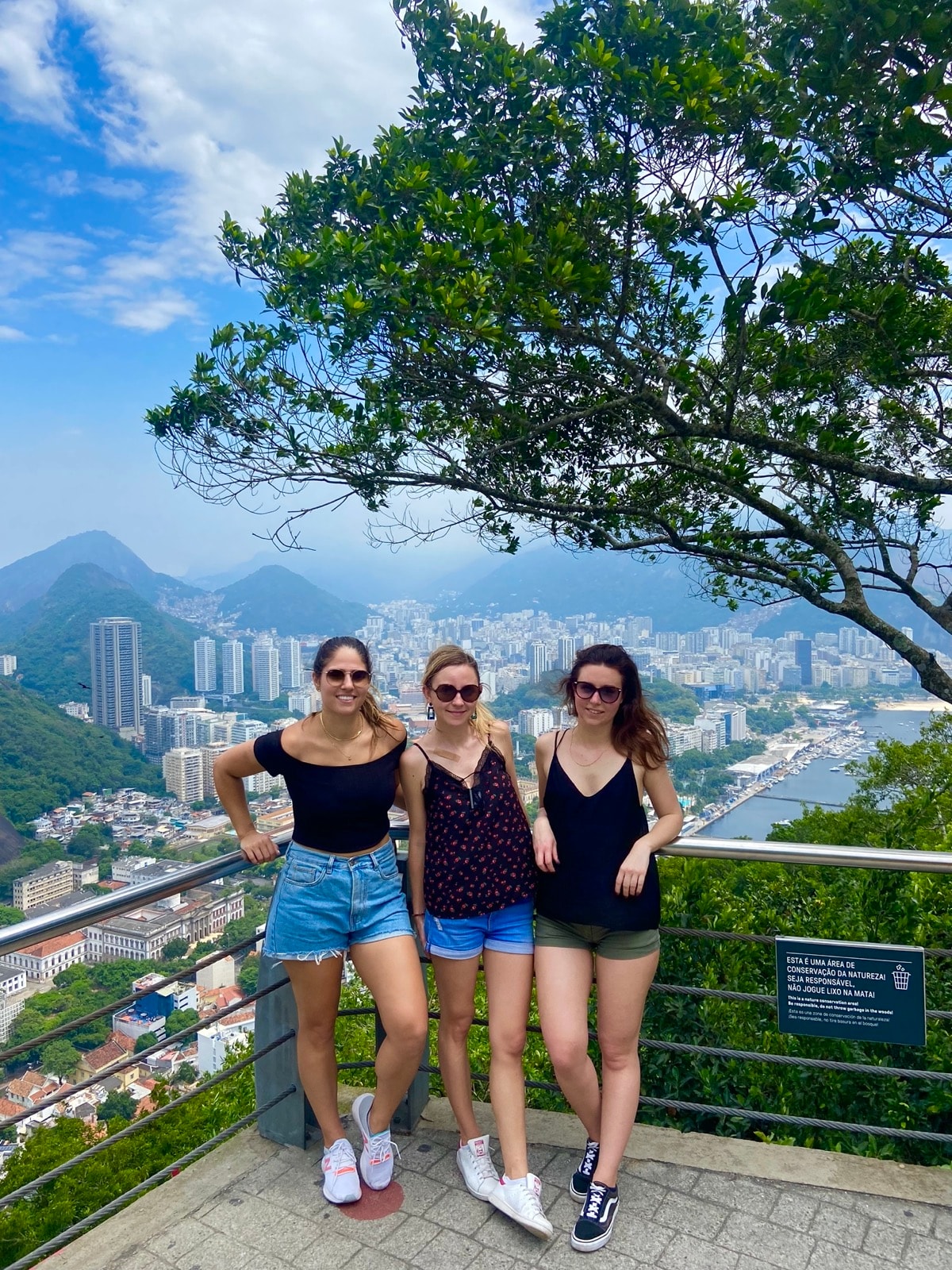 Three au pairs together at a scenic viewpoint during their journey abroad